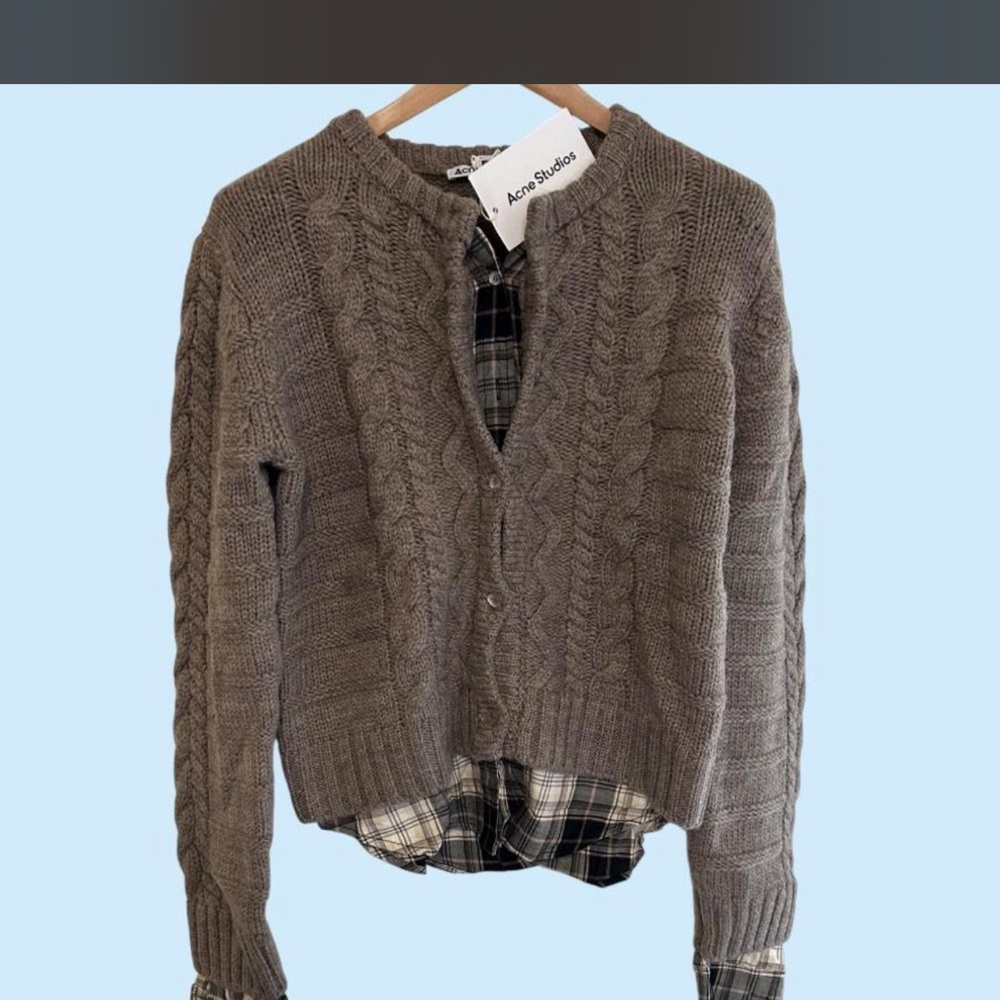 Acne taupe cable knit cardigan with plaid trim